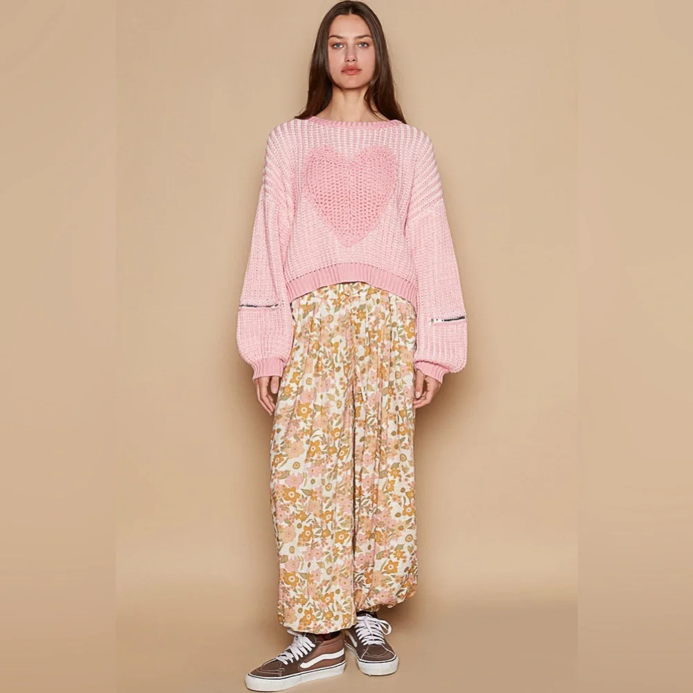 901. 🛑POL AT COST! LAST 1! Crochet Pullover Sweater Pink white Chunky Heart zip - Picture 4 of 6